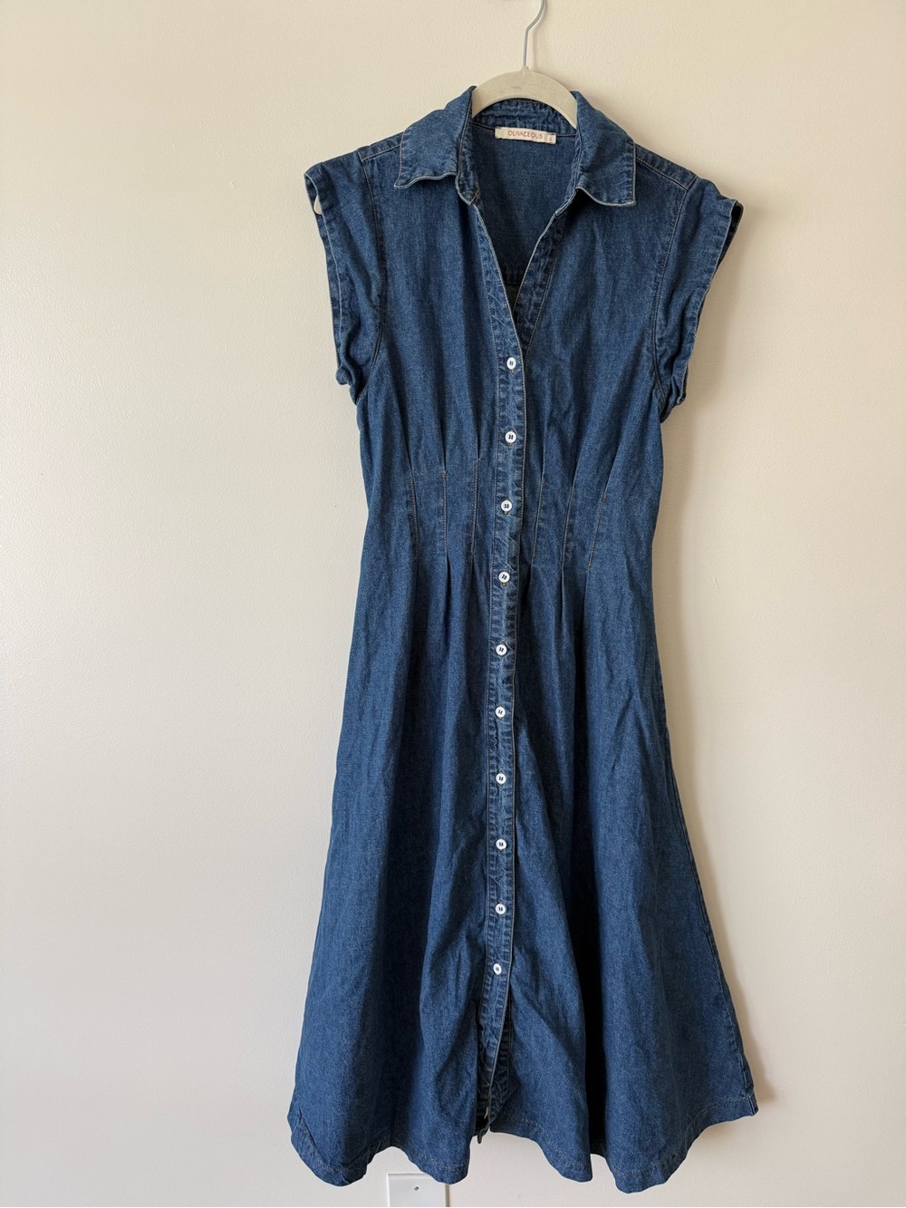 Olivaceous Dark Blue Sleeveless Denim Button-Front Midi Dress